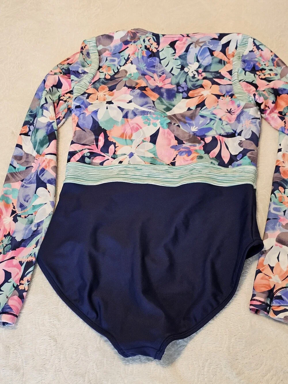 Athleta Girl Long Sleeve One Piece Swimsuit Rashguard Floral Navy Sz XL 14 Euc